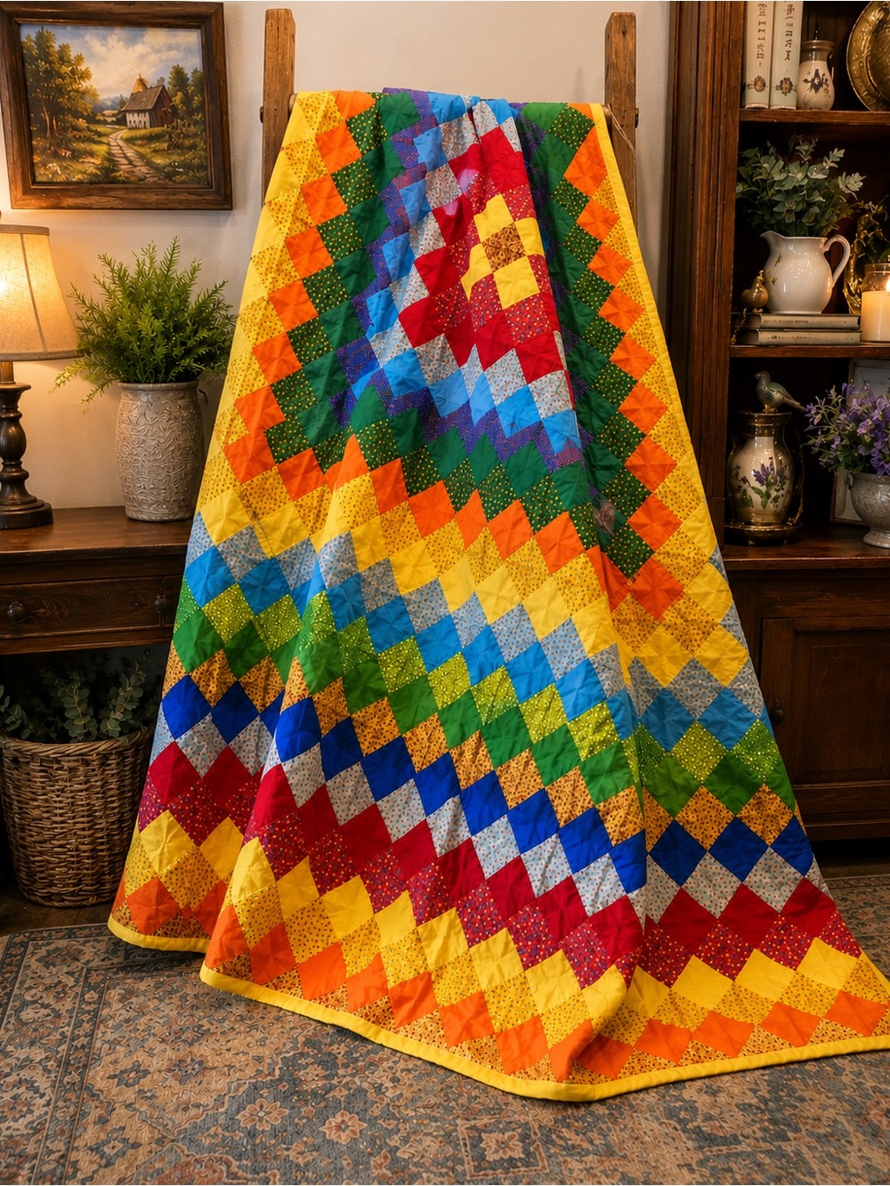 Handmade Multicolor Patchwork Quilt - Vibrant Rainbow Bedding